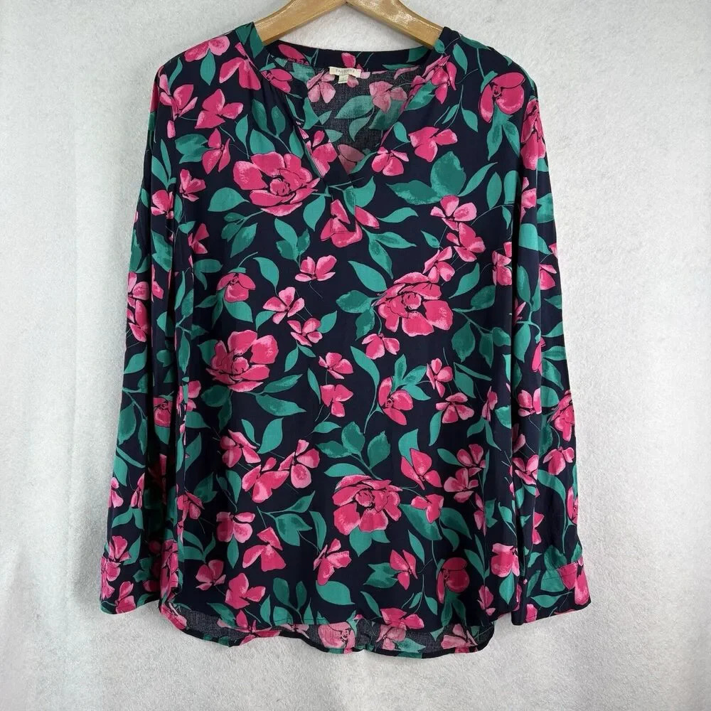 Talbots Women’s Navy/Pink‎ Floral Split Neck Long Sleeve Blouse Size Large